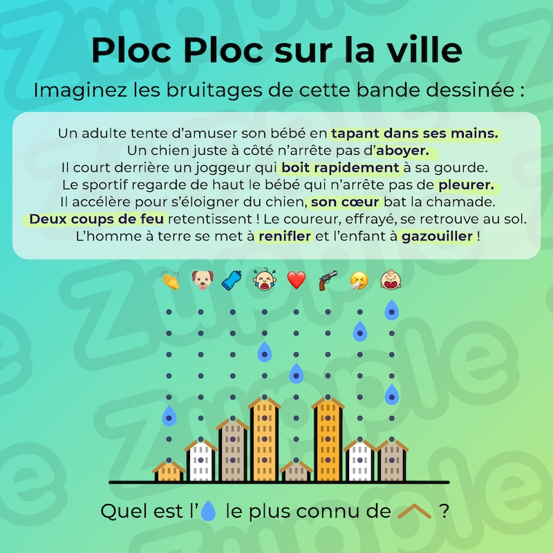 Imaginez les bruitages de cette bande dessinée : Un adulte tente d’amuser son bébé en tapant dans ses mains. Un chien juste à côté n’arrête pas d’aboyer. Il court derrière un joggeur qui boit rapidement à sa gourde. Le sportif regarde de haut le bébé qui n’arrête pas de pleurer. Il accélère pour s’éloigner du chien, son cœur bat la chamade. Deux coups de feu retentissent! Le coureur, effrayé, se retrouve au sol. L’homme à terre se met à renifler et l’enfant à gazouiller !