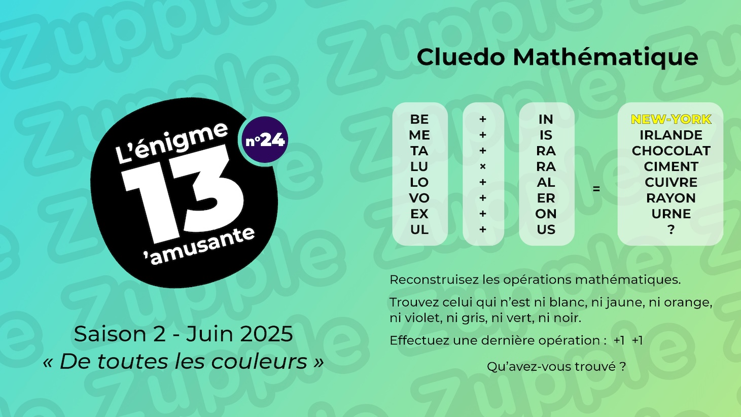 Énigme « Cluedo Mathématique ». Reconstruisez les opérations mathématiques. Il y a 8 parties de gauche à choix (BE, ME, TA, LU, LO, VO; EX, UL), 8 opérateurs (+, +, +, x, +, +, +, +), 9 parties à droite (IN, IS, RA, RA, AL, ER, ON, US) qui peuvent correspondre à 7 résultats (NEW-YORK en jaune, IRELANDE, CHOCOLAT, CIMENT, CUIVRE, RAYON, URNE, ?). Trouvez celui qui n’est ni blanc, ni jaune, ni orange, ni violet, ni gris, ni vert, ni noir. Effectuez une dernière opération: « +1 +1 ». Qu’avez-vous trouvé ?