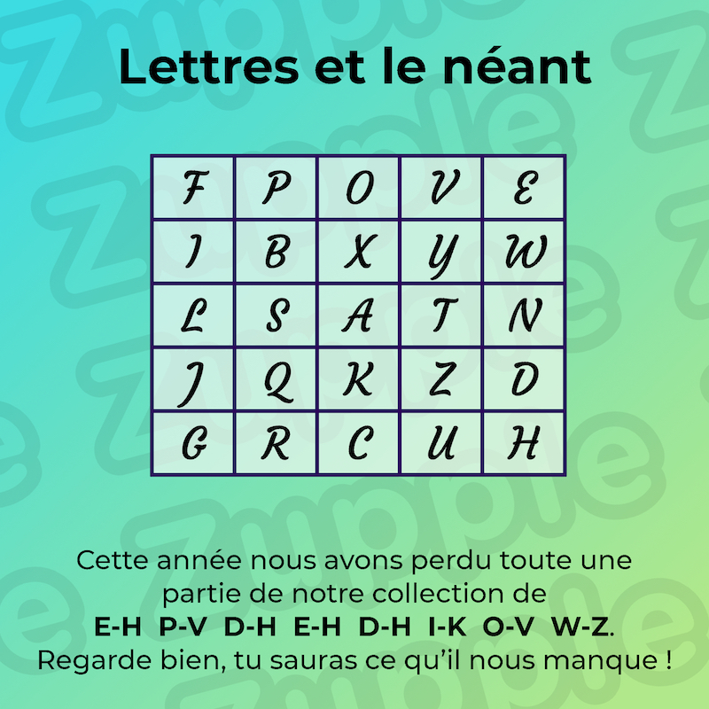 Lettres et néant : Cette année nous avons perdu toute une partie de notre collection de ???. Regarde bien, tu sauras ce qu’il te manque.