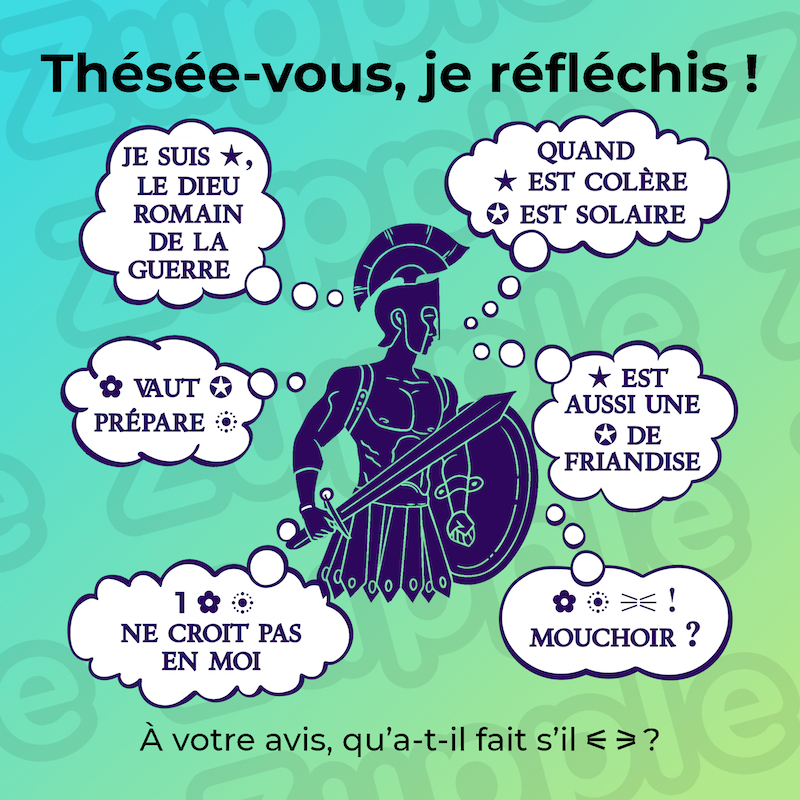 Le dieux romain de la guerre partage ses réflexions : quand je suis colère, (1) est solaire ; Je suis aussi une (1) de friandise ; (2) vaut (1) prépare (3) ; 1 (2) (3) ne croit pas en moi; (2) (3) (4) (5), mouchoir ?… Qu’a-t-il fait s’il (5) (4) ?