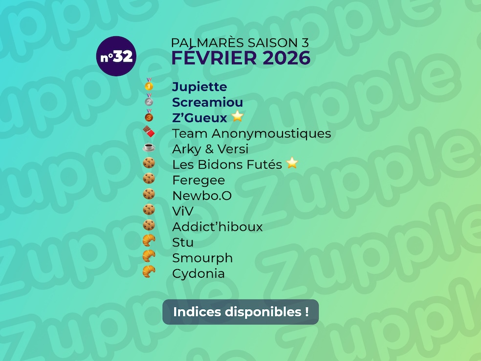Palmarès de l’énigme 13’amusante n°32 de février 2026 : 1er Jupiette, 2e Screamiou, 3e Z’Gueux, etc.