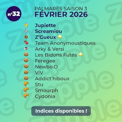 Palmarès de l’énigme 13’amusante n°32 de février 2026 : 1er Jupiette, 2e Screamiou, 3e Z’Gueux, etc.