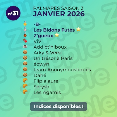 Palmarès de l’énigme 13’amusante n°31 de janvier 2026 : 1er -B-, 2e Les Bidons Futés, 3e Z’Gueux, etc.